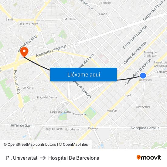 Pl. Universitat to Hospital De Barcelona map