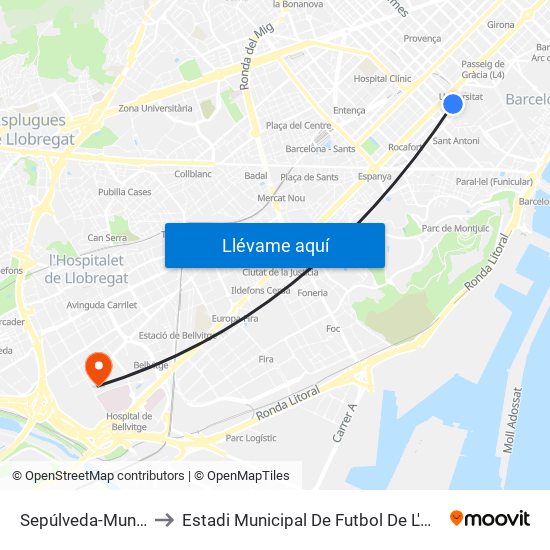 Sepúlveda-Muntaner to Estadi Municipal De Futbol De L'Hospitalet map