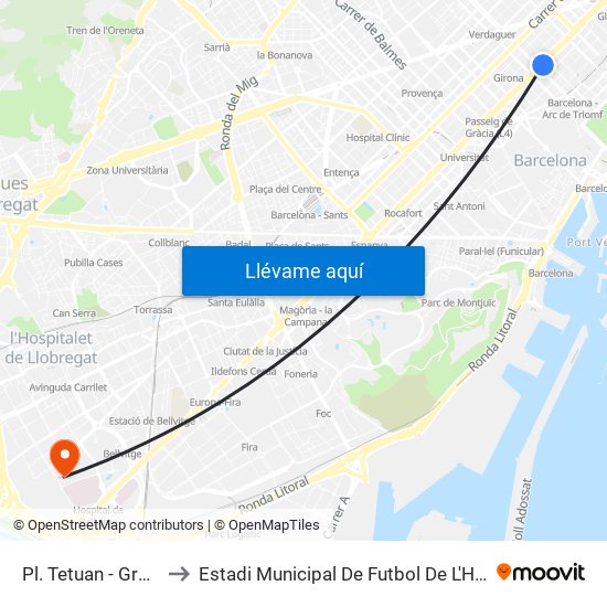 Pl. Tetuan - Gran Via to Estadi Municipal De Futbol De L'Hospitalet map