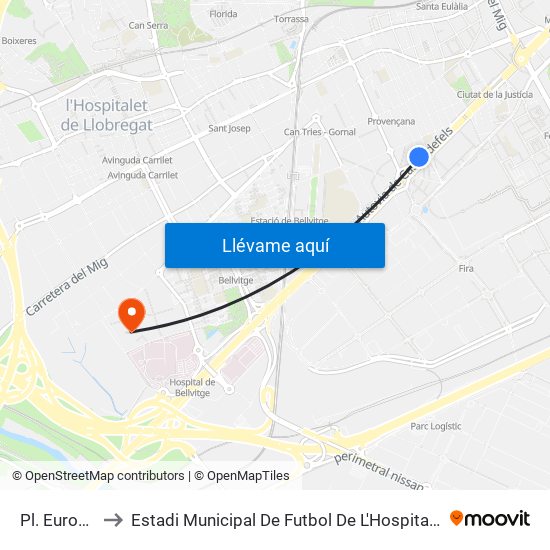 Pl. Europa to Estadi Municipal De Futbol De L'Hospitalet map