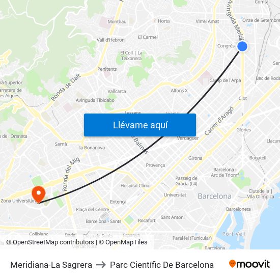 Meridiana-La Sagrera to Parc Científic De Barcelona map