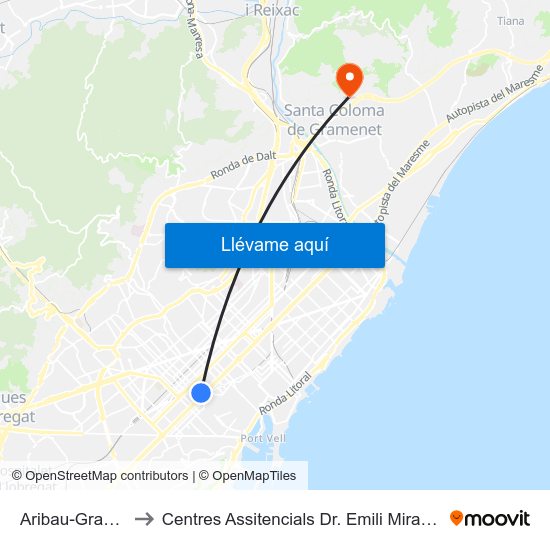 Aribau-Gran Via to Centres Assitencials Dr. Emili Mira I López map