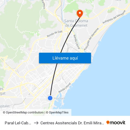 Paral·Lel-Cabanes to Centres Assitencials Dr. Emili Mira I López map