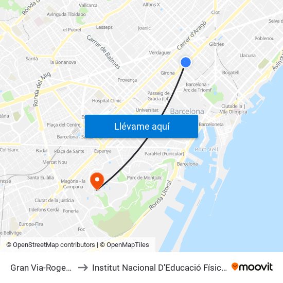 Gran Via-Roger De Flor to Institut Nacional D'Educació Física De Catalunya map