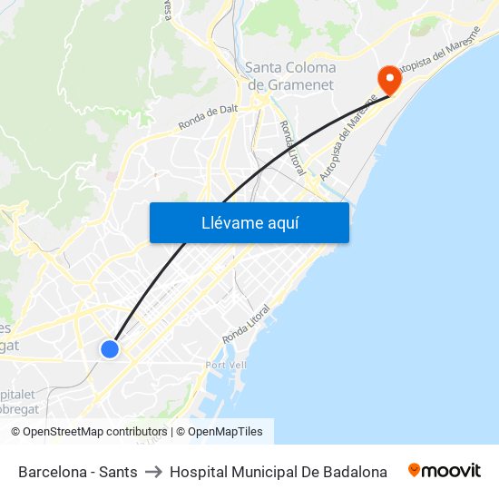 Barcelona - Sants to Hospital Municipal De Badalona map