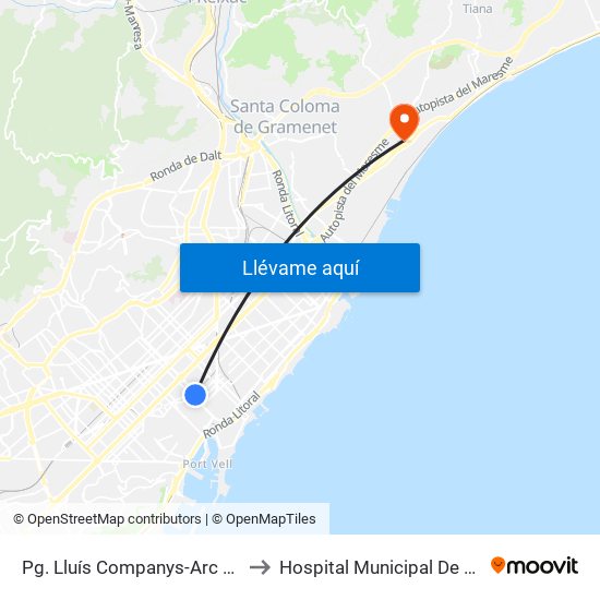 Pg. Lluís Companys-Arc De Triomf to Hospital Municipal De Badalona map