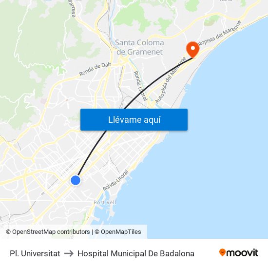 Pl. Universitat to Hospital Municipal De Badalona map