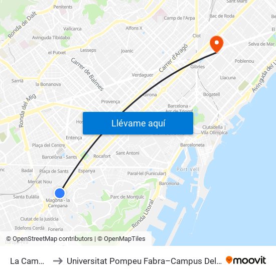 La Campana to Universitat Pompeu Fabra–Campus Del Poblenou map