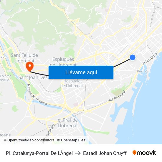 Pl. Catalunya-Portal De L'Àngel to Estadi Johan Cruyff map