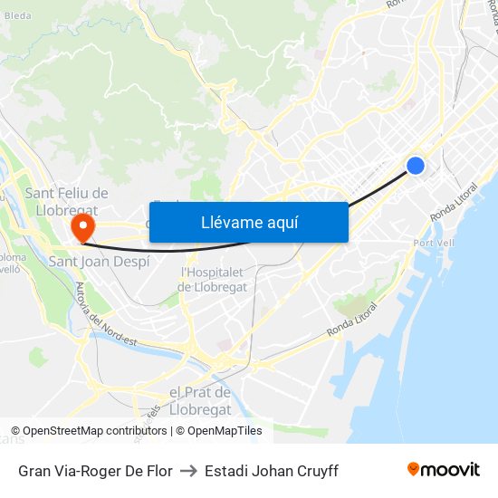 Gran Via-Roger De Flor to Estadi Johan Cruyff map