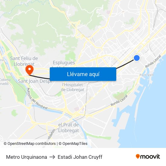 Metro Urquinaona to Estadi Johan Cruyff map