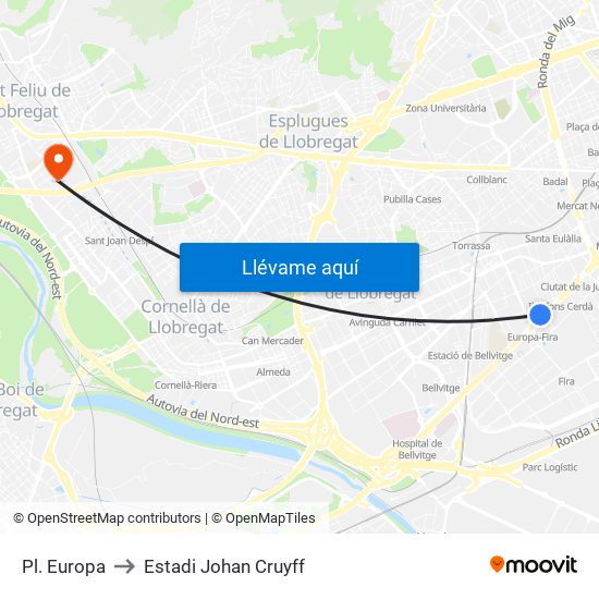 Pl. Europa to Estadi Johan Cruyff map
