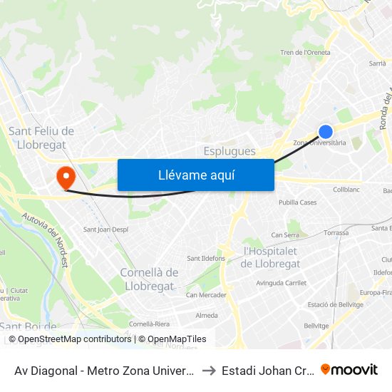 Av Diagonal - Metro Zona Universitaria to Estadi Johan Cruyff map
