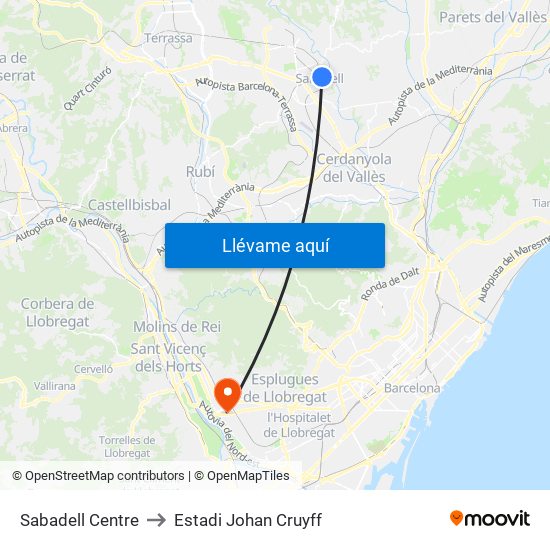 Sabadell Centre to Estadi Johan Cruyff map