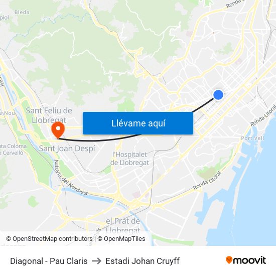 Diagonal - Pau Claris to Estadi Johan Cruyff map