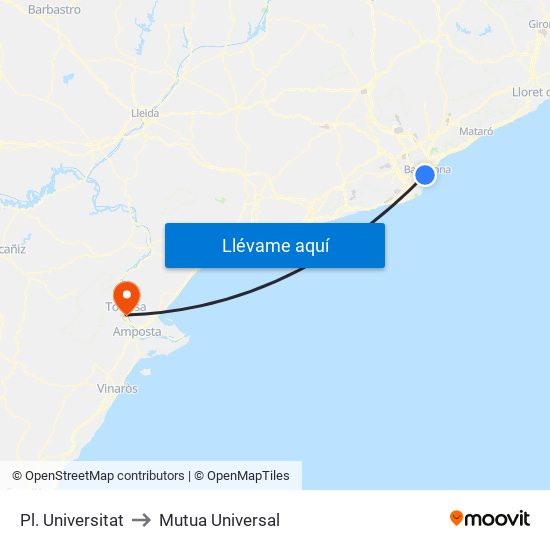 Pl. Universitat to Mutua Universal map