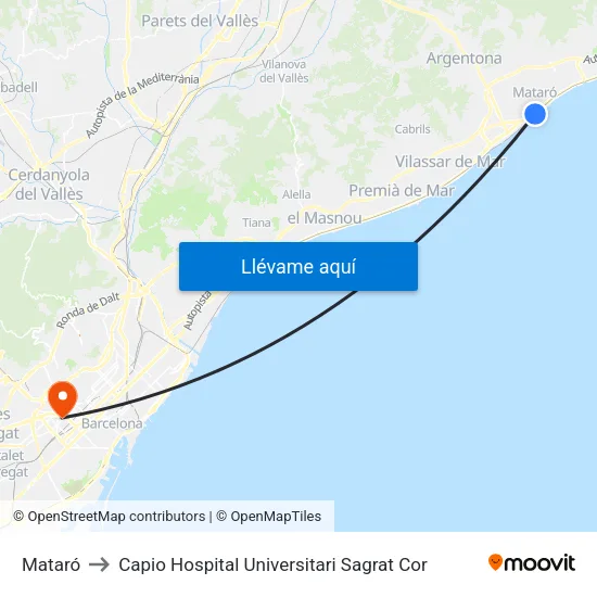 Mataró to Capio Hospital Universitari Sagrat Cor map