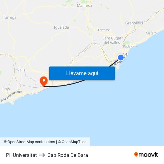 Pl. Universitat to Cap Roda De Bara map