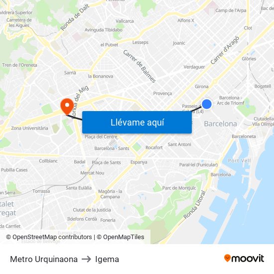Metro Urquinaona to Igema map