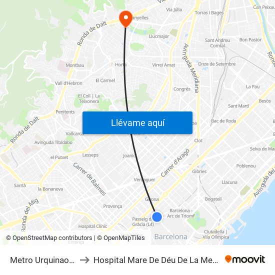 Metro Urquinaona to Hospital Mare De Déu De La Mercè map