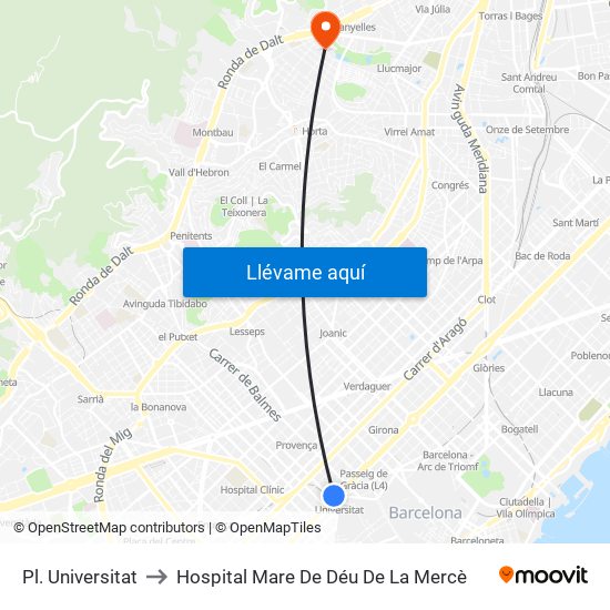 Pl. Universitat to Hospital Mare De Déu De La Mercè map