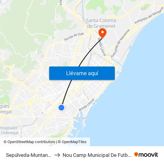 Sepúlveda-Muntaner to Nou Camp Municipal De Futbol map