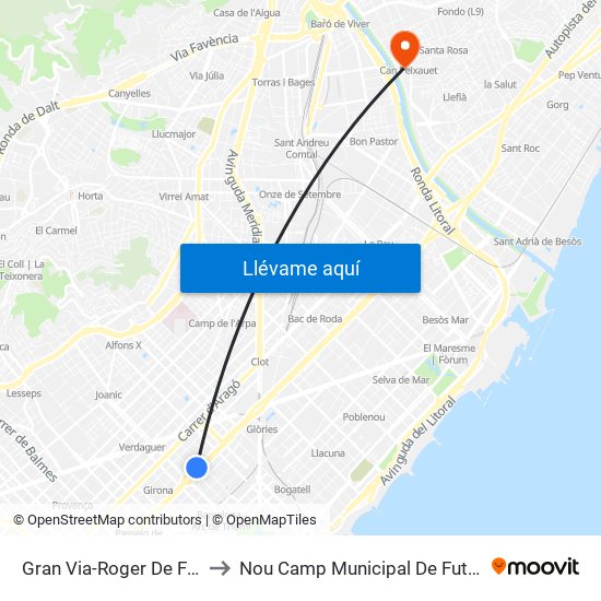 Gran Via-Roger De Flor to Nou Camp Municipal De Futbol map