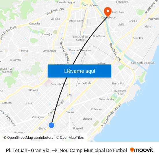 Pl. Tetuan - Gran Via to Nou Camp Municipal De Futbol map