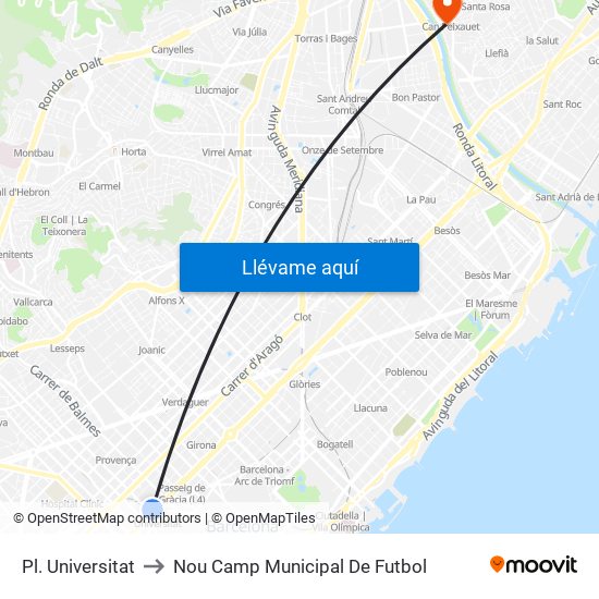 Pl. Universitat to Nou Camp Municipal De Futbol map