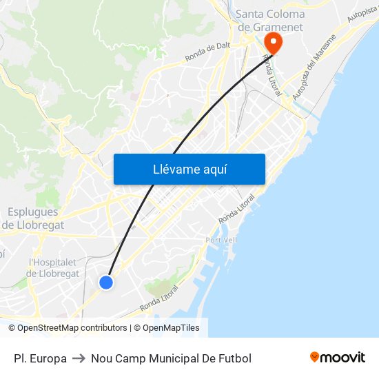 Pl. Europa to Nou Camp Municipal De Futbol map