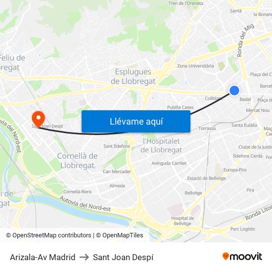 Arizala-Av Madrid to Sant Joan Despí map