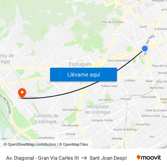 Av. Diagonal - Gran Via Carles III to Sant Joan Despí map