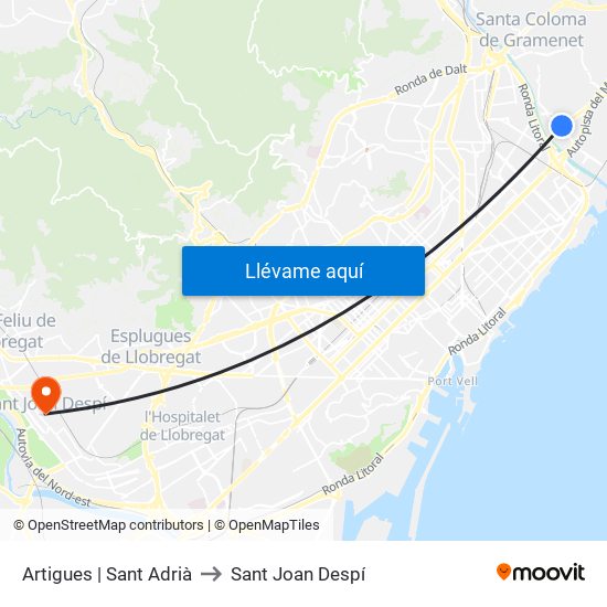 Artigues | Sant Adrià to Sant Joan Despí map