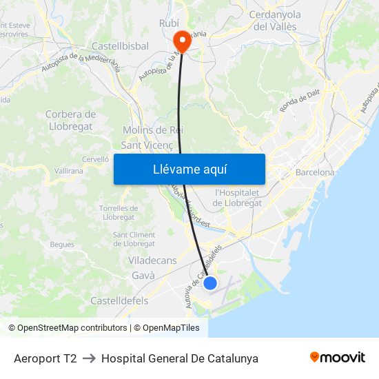Aeroport T2 to Hospital General De Catalunya map