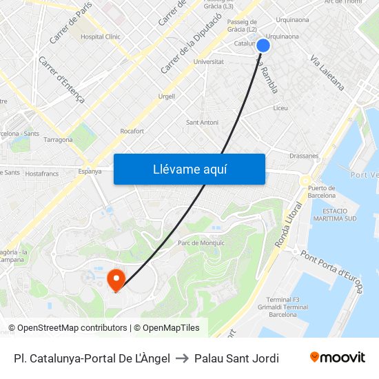 Pl. Catalunya-Portal De L'Àngel to Palau Sant Jordi map