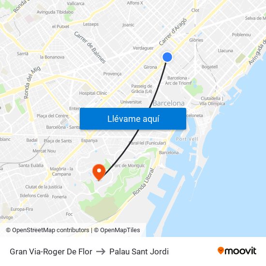 Gran Via-Roger De Flor to Palau Sant Jordi map