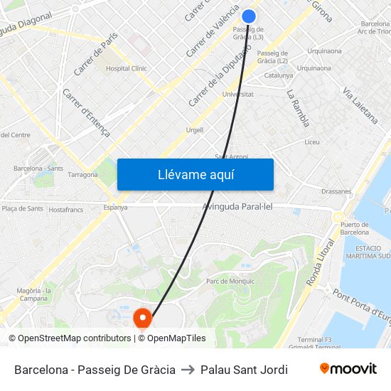 Barcelona - Passeig De Gràcia to Palau Sant Jordi map