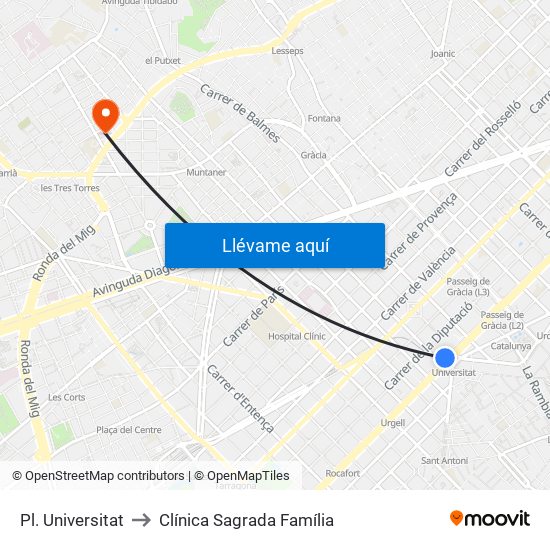 Pl. Universitat to Clínica Sagrada Família map