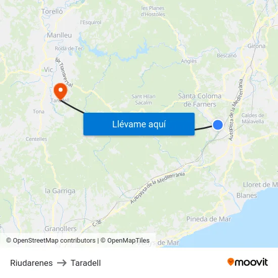 Riudarenes to Taradell map