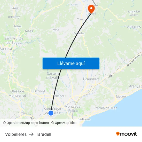 Volpelleres to Taradell map