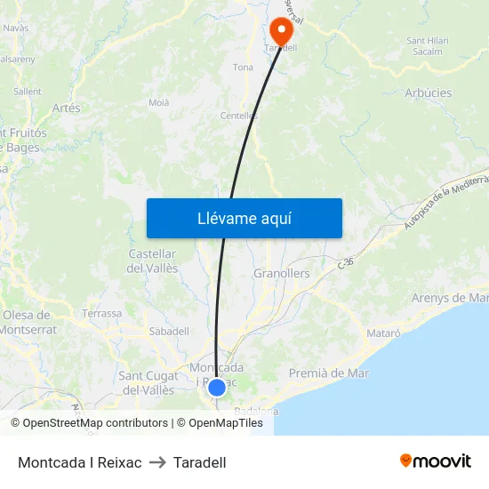 Montcada I Reixac to Taradell map