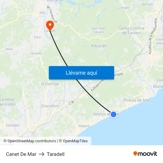 Canet De Mar to Taradell map