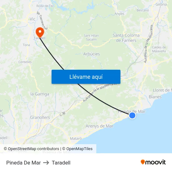 Pineda De Mar to Taradell map