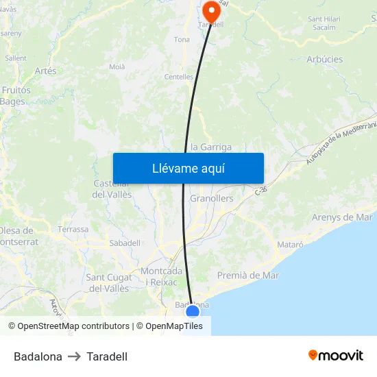 Badalona to Taradell map