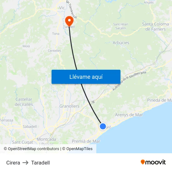 Cirera to Taradell map
