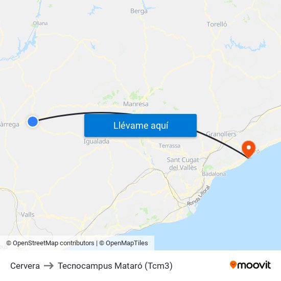 Cervera to Tecnocampus Mataró (Tcm3) map