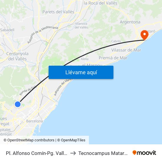 Pl. Alfonso Comín-Pg. Vall D'Hebron to Tecnocampus Mataró (Tcm3) map