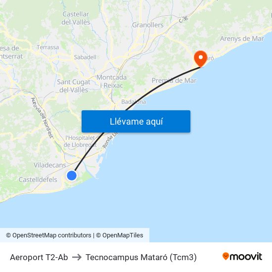 Aeroport T2-Ab to Tecnocampus Mataró (Tcm3) map