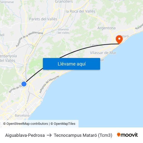 Aiguablava-Pedrosa to Tecnocampus Mataró (Tcm3) map