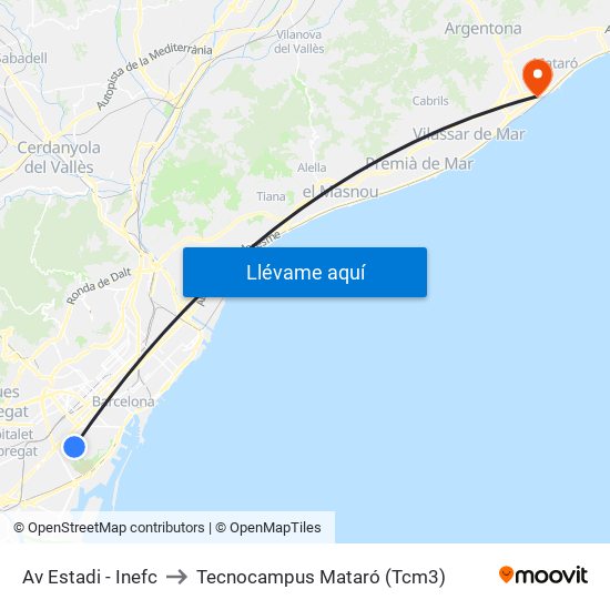 Av Estadi - Inefc to Tecnocampus Mataró (Tcm3) map